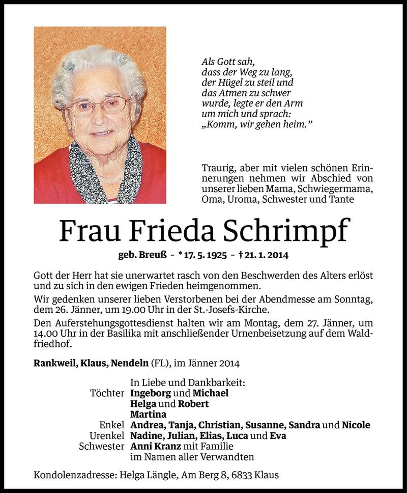  Todesanzeige für Frieda Schrimpf vom 24.01.2014 aus Vorarlberger Nachrichten