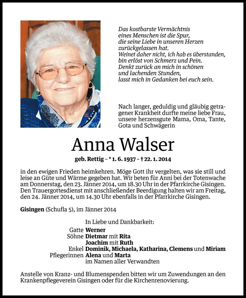  Todesanzeige für Anna Walser vom 22.01.2014 aus Vorarlberger Nachrichten