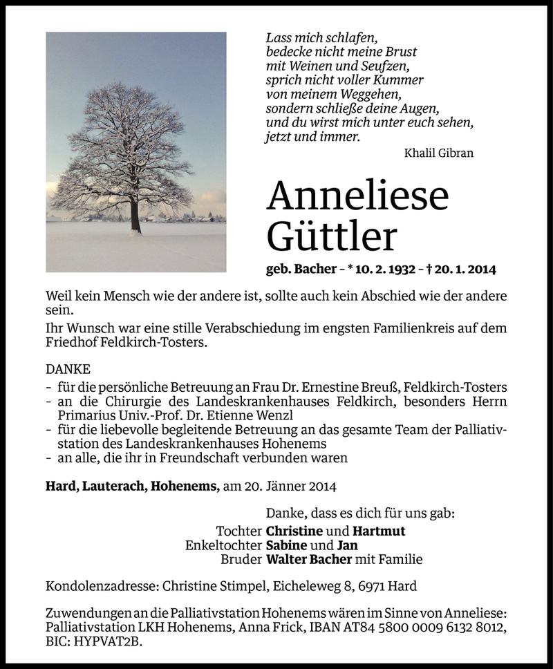  Todesanzeige für Anneliese Güttler vom 25.01.2014 aus Vorarlberger Nachrichten