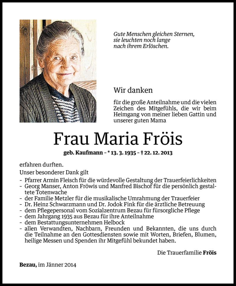  Todesanzeige für Maria Fröis vom 23.01.2014 aus Vorarlberger Nachrichten