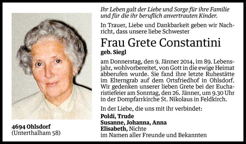  Todesanzeige für Grete Constantini vom 23.01.2014 aus Vorarlberger Nachrichten