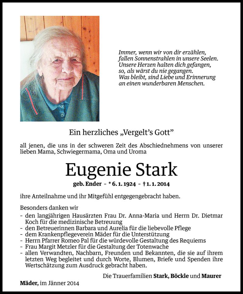  Todesanzeige für Eugenie Stark vom 24.01.2014 aus Vorarlberger Nachrichten