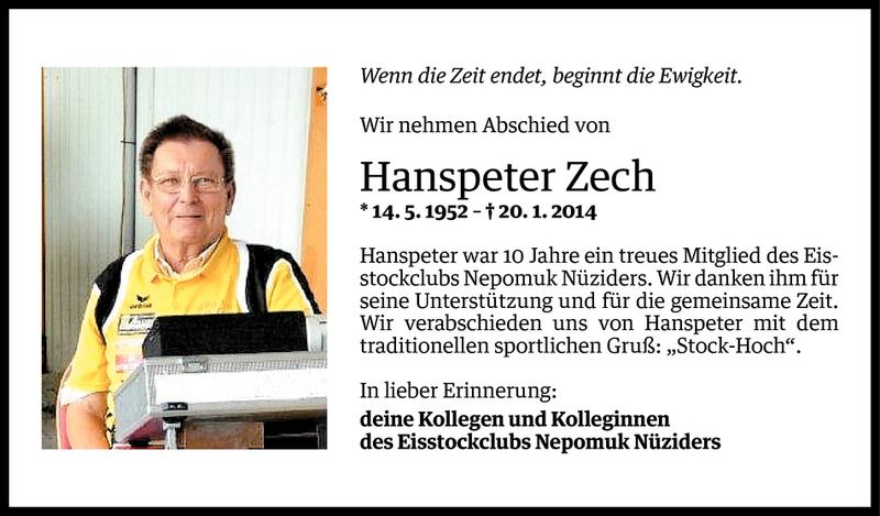  Todesanzeige für Hanspeter Zech vom 25.01.2014 aus Vorarlberger Nachrichten