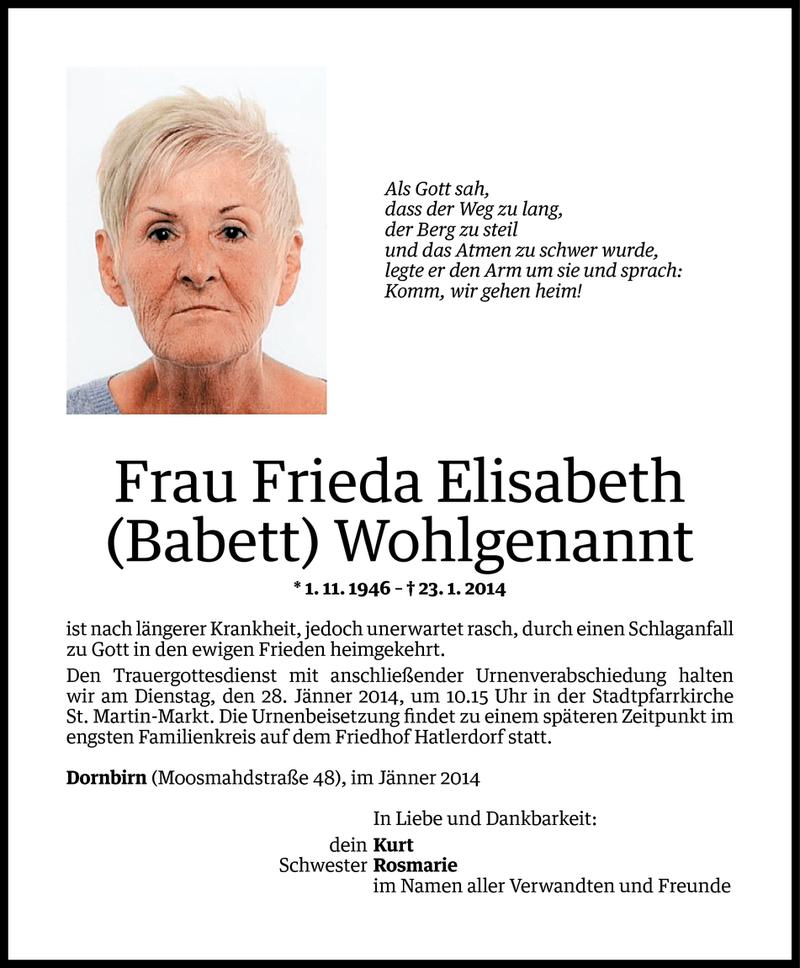 Todesanzeige für Frieda Elisabeth Wohlgenannt vom 24.01.2014 aus Vorarlberger Nachrichten