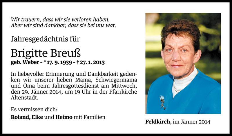  Todesanzeige für Brigitte (Gitti) Breuß vom 24.01.2014 aus Vorarlberger Nachrichten