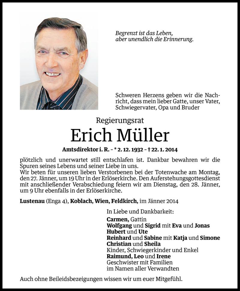  Todesanzeige für Erich Müller vom 24.01.2014 aus Vorarlberger Nachrichten