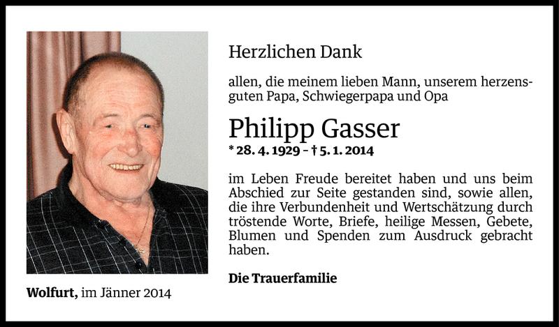  Todesanzeige für Philipp Gasser vom 24.01.2014 aus Vorarlberger Nachrichten