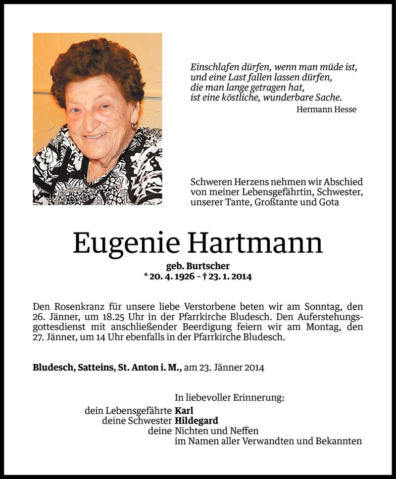  Todesanzeige für Eugenie Hartmann vom 24.01.2014 aus Vorarlberger Nachrichten