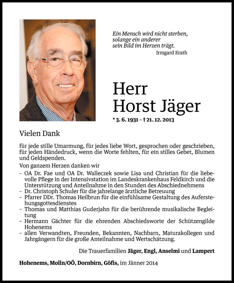  Todesanzeige für Horst Jäger vom 24.01.2014 aus Vorarlberger Nachrichten