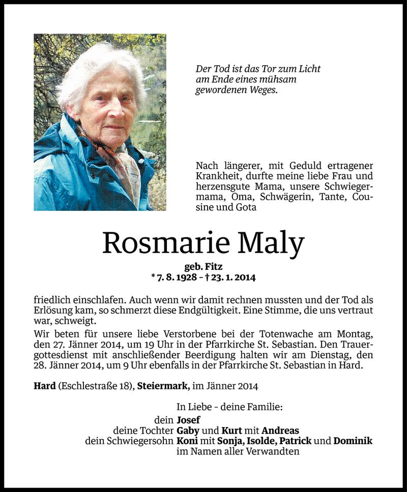  Todesanzeige für Rosmarie Maly vom 24.01.2014 aus Vorarlberger Nachrichten