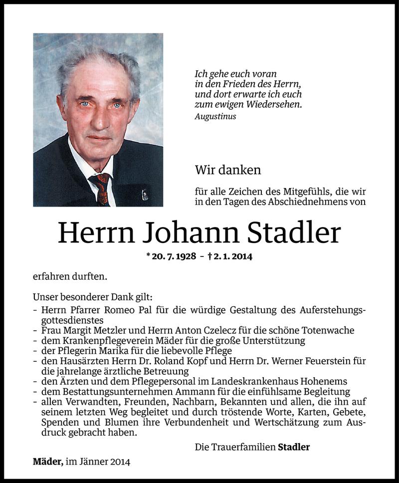  Todesanzeige für Johann Stadler vom 27.01.2014 aus Vorarlberger Nachrichten