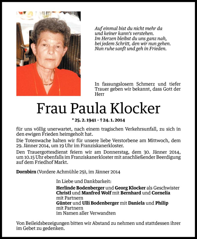  Todesanzeige für Paula Klocker vom 27.01.2014 aus Vorarlberger Nachrichten