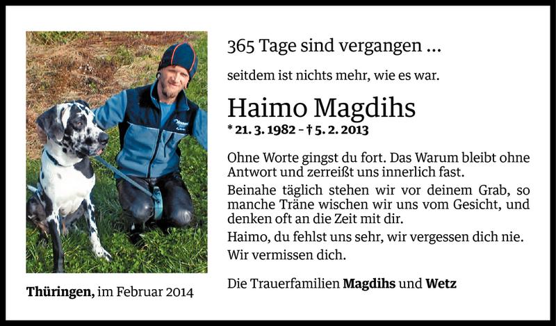  Todesanzeige für Haimo Magdihs vom 27.01.2014 aus Vorarlberger Nachrichten