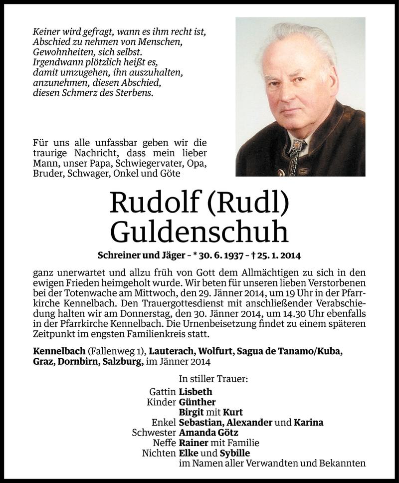  Todesanzeige für Rudolf Guldenschuh vom 27.01.2014 aus Vorarlberger Nachrichten