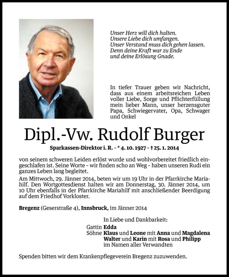  Todesanzeige für Rudolf Burger vom 27.01.2014 aus Vorarlberger Nachrichten