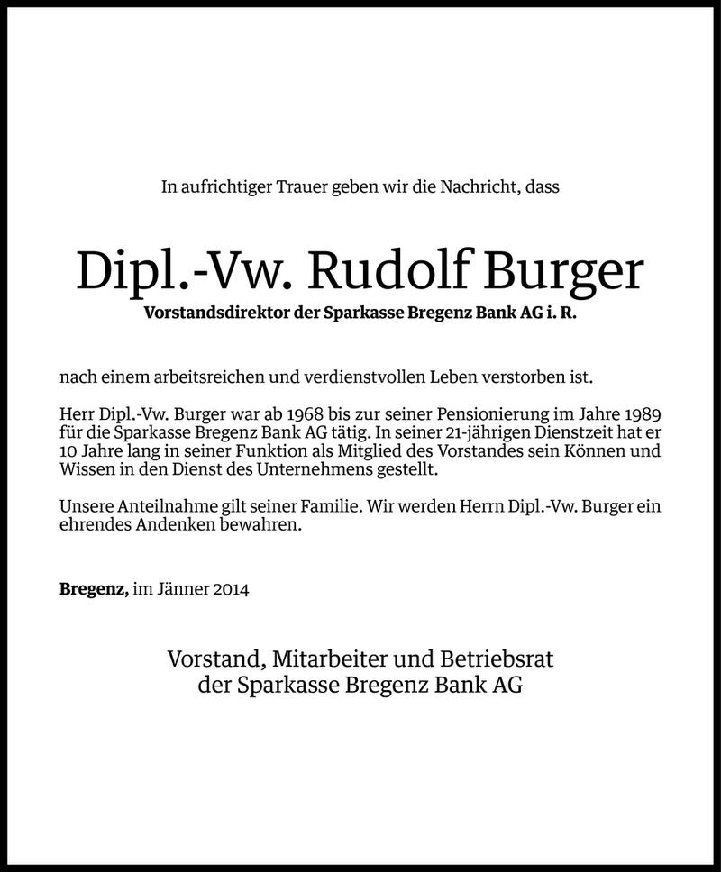  Todesanzeige für Rudolf Burger vom 27.01.2014 aus Vorarlberger Nachrichten