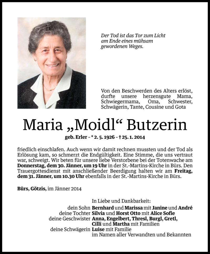  Todesanzeige für Maria Butzerin vom 29.01.2014 aus Vorarlberger Nachrichten