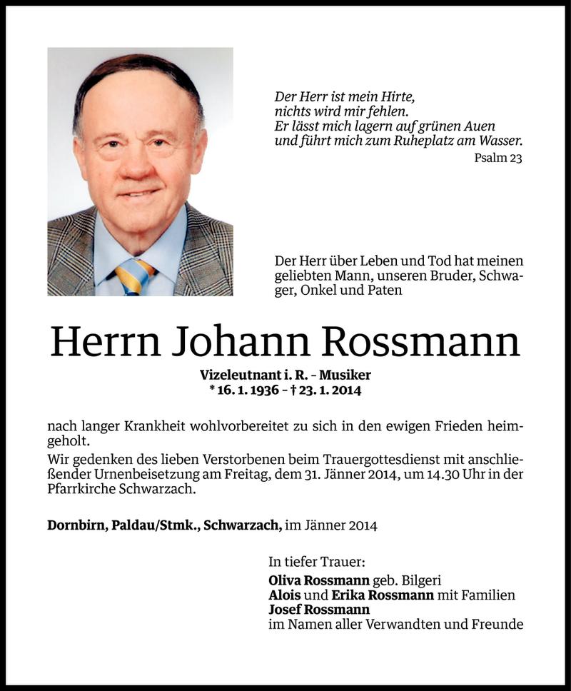  Todesanzeige für Johann Rossmann vom 28.01.2014 aus Vorarlberger Nachrichten