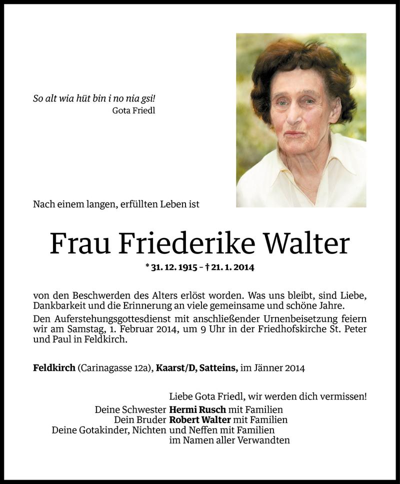  Todesanzeige für Friederike Walter vom 28.01.2014 aus Vorarlberger Nachrichten