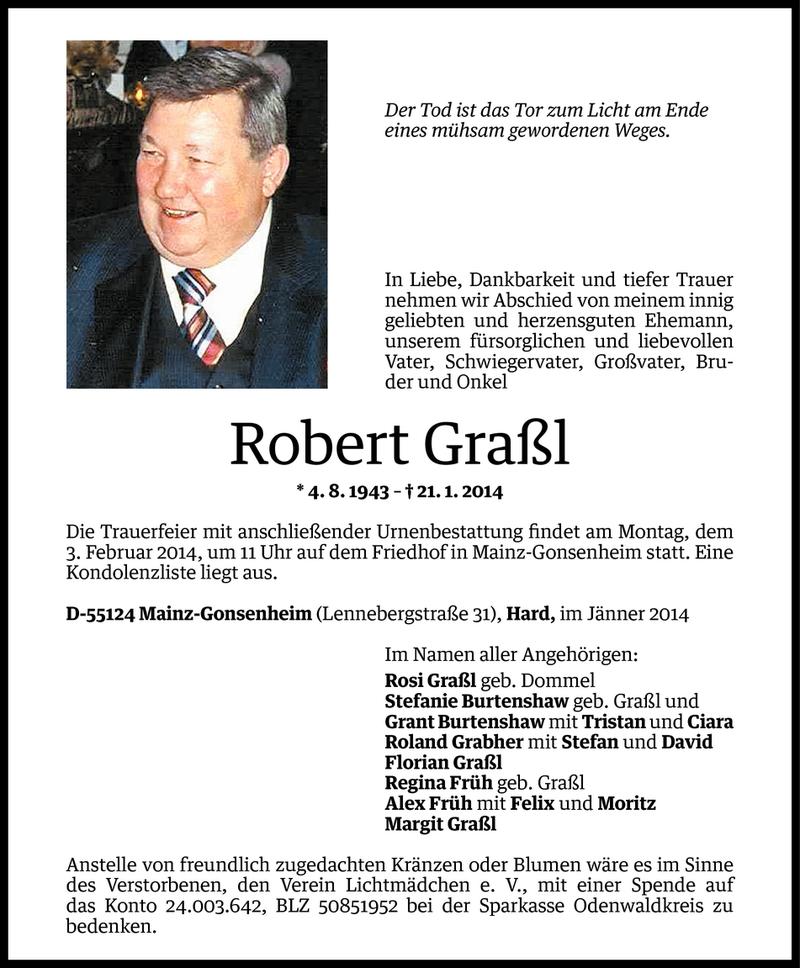  Todesanzeige für Robert Graßl vom 28.01.2014 aus Vorarlberger Nachrichten