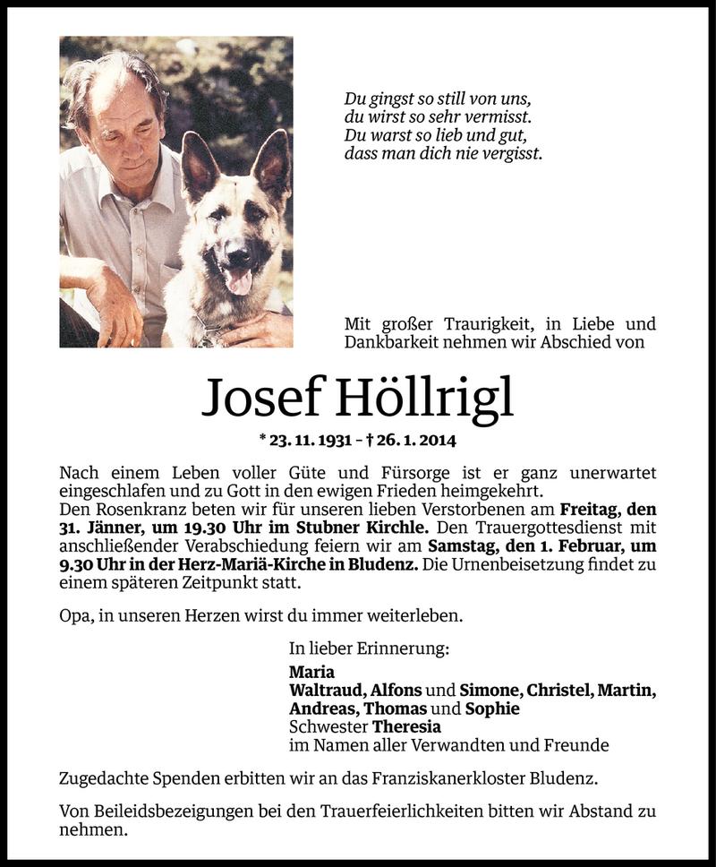  Todesanzeige für Josef Höllrigl vom 30.01.2014 aus Vorarlberger Nachrichten