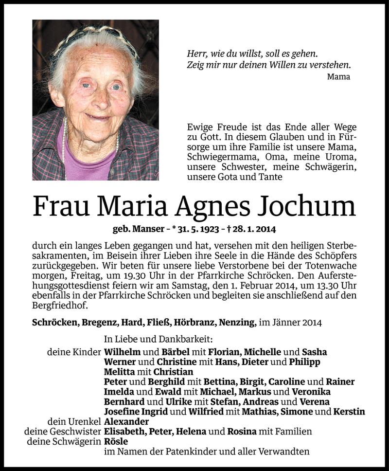  Todesanzeige für Maria Agnes Jochum vom 29.01.2014 aus Vorarlberger Nachrichten