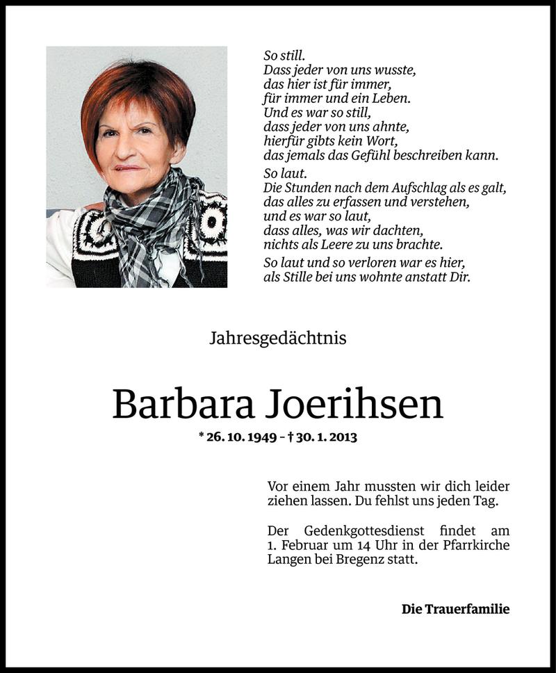  Todesanzeige für Barbara Joerihsen vom 29.01.2014 aus Vorarlberger Nachrichten