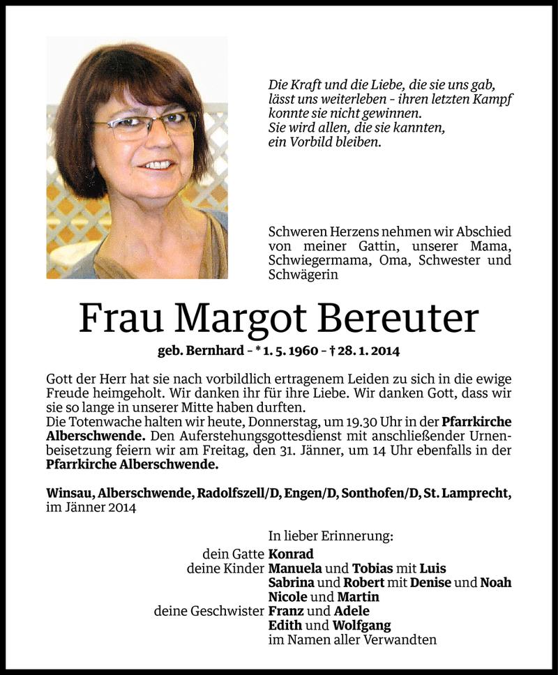  Todesanzeige für Margot Bereuter vom 29.01.2014 aus Vorarlberger Nachrichten