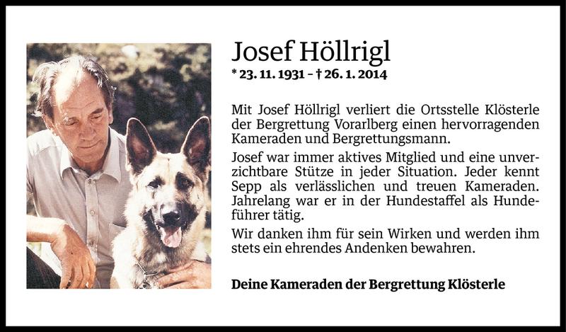  Todesanzeige für Josef Höllrigl vom 30.01.2014 aus Vorarlberger Nachrichten