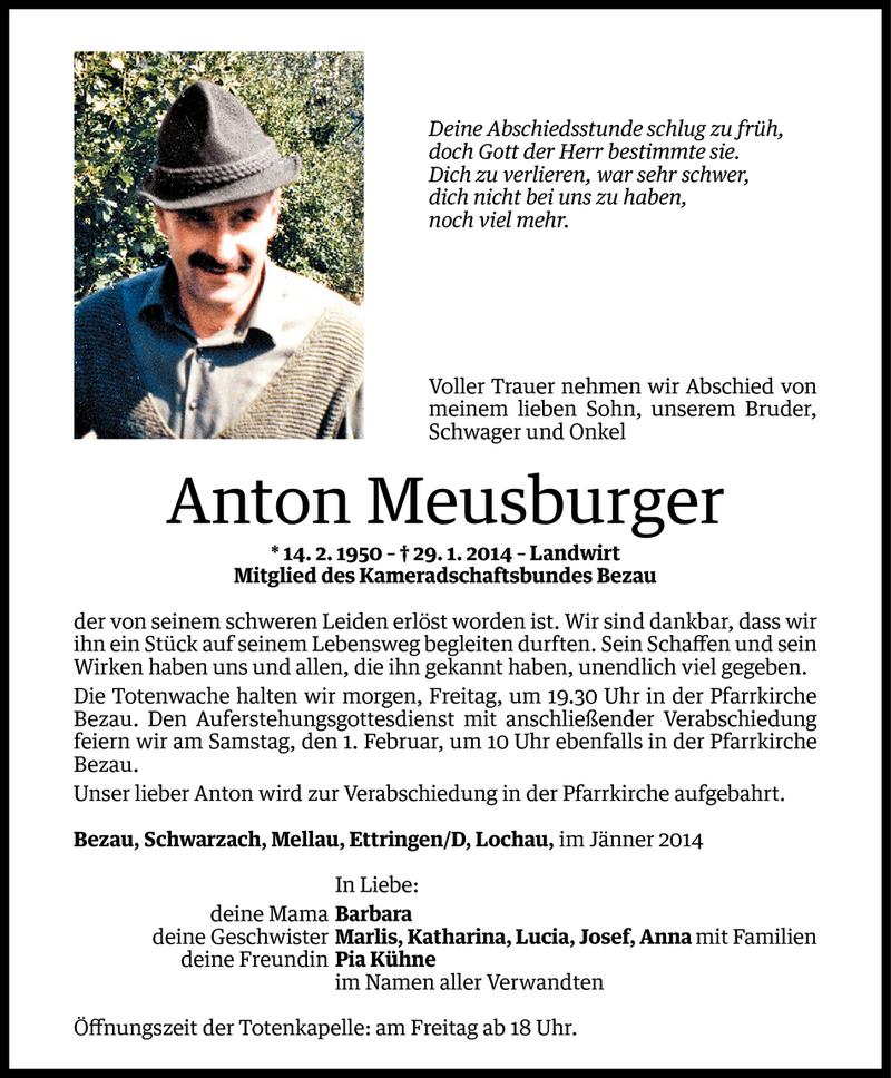  Todesanzeige für Anton Meusburger vom 29.01.2014 aus Vorarlberger Nachrichten