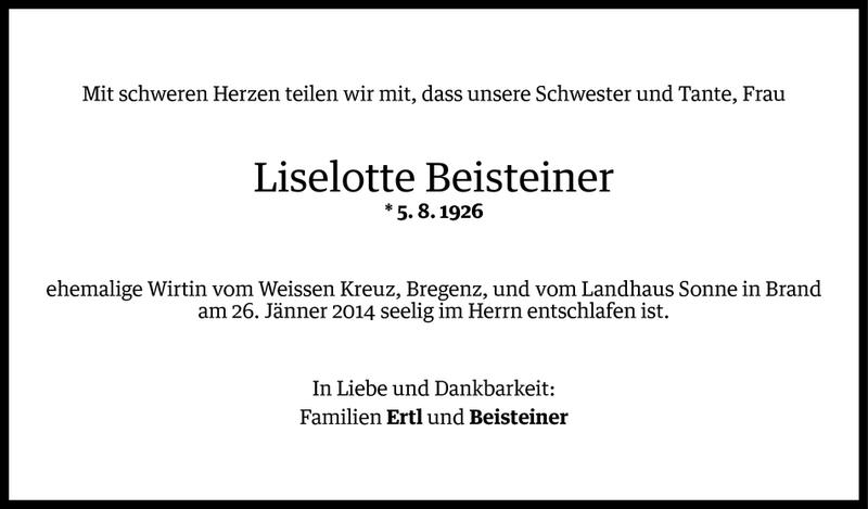  Todesanzeige für Liselotte Beisteiner vom 01.02.2014 aus Vorarlberger Nachrichten