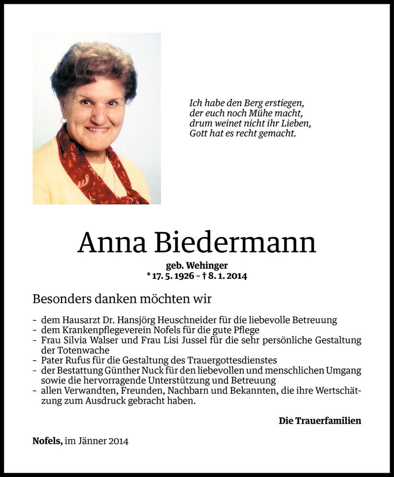  Todesanzeige für Anna Biedermann vom 30.01.2014 aus Vorarlberger Nachrichten