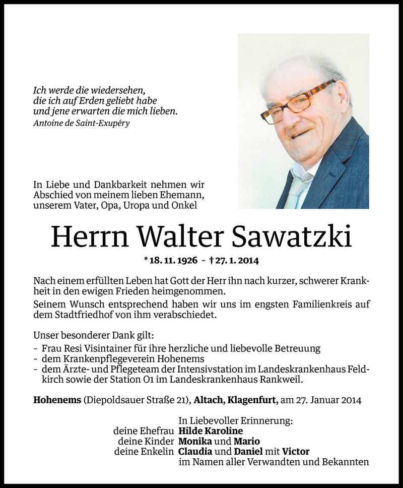  Todesanzeige für Walter Sawatzki vom 01.02.2014 aus Vorarlberger Nachrichten