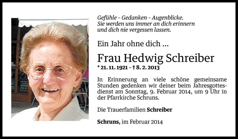  Todesanzeige für Hedwig Schreiber vom 04.02.2014 aus Vorarlberger Nachrichten