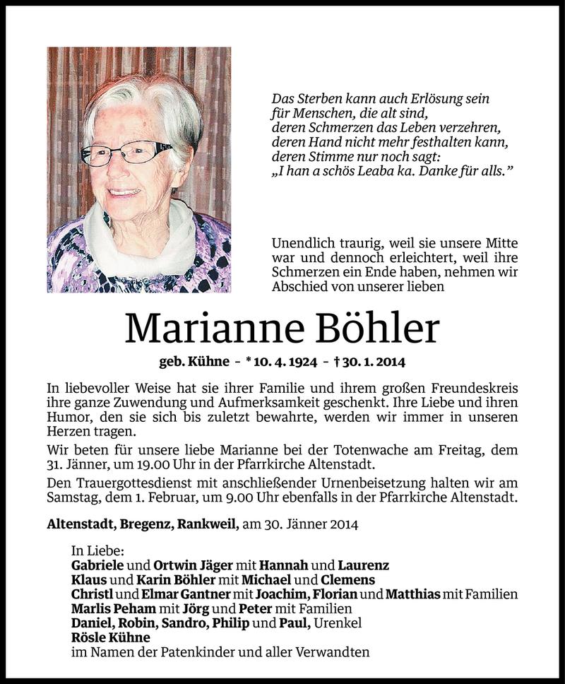  Todesanzeige für Marianne Böhler vom 31.01.2014 aus Vorarlberger Nachrichten