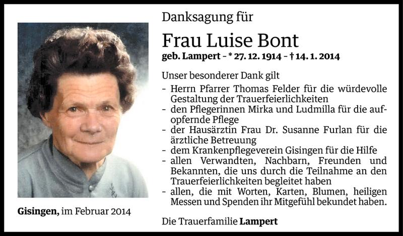  Todesanzeige für Luise Bont vom 31.01.2014 aus Vorarlberger Nachrichten