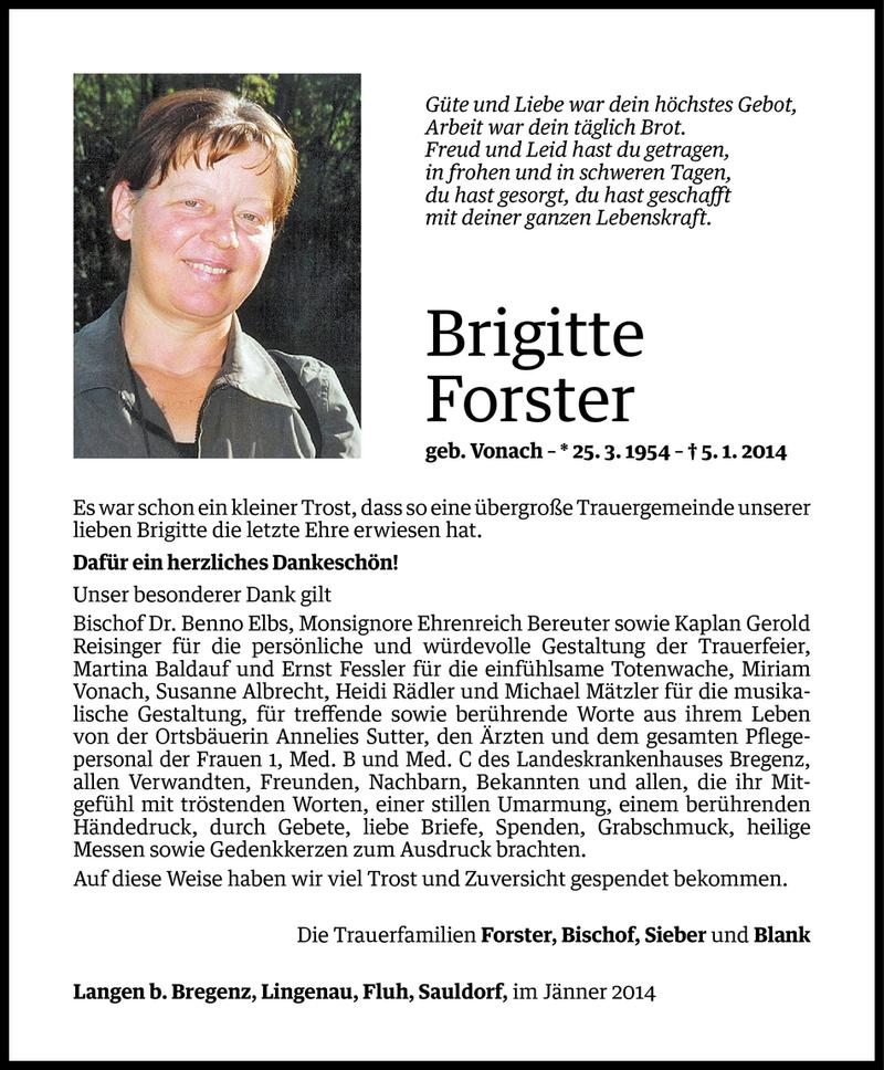  Todesanzeige für Brigitte Forster vom 31.01.2014 aus Vorarlberger Nachrichten