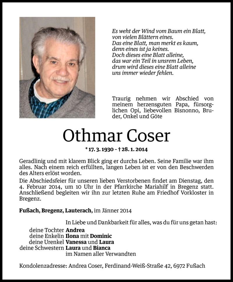  Todesanzeige für Othmar Coser vom 31.01.2014 aus Vorarlberger Nachrichten