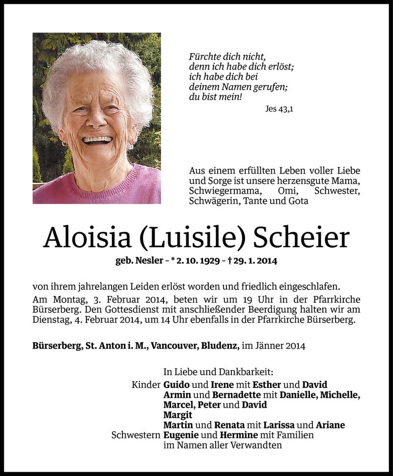  Todesanzeige für Aloisia Scheier vom 31.01.2014 aus Vorarlberger Nachrichten