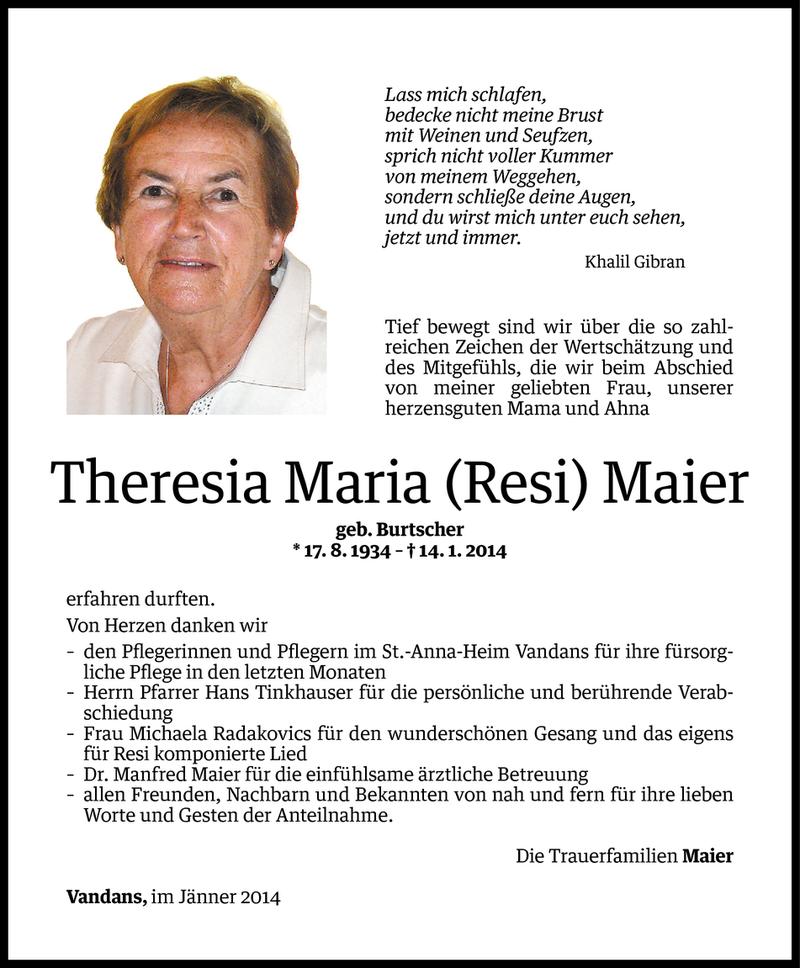  Todesanzeige für Theresia Maria Maier vom 31.01.2014 aus Vorarlberger Nachrichten
