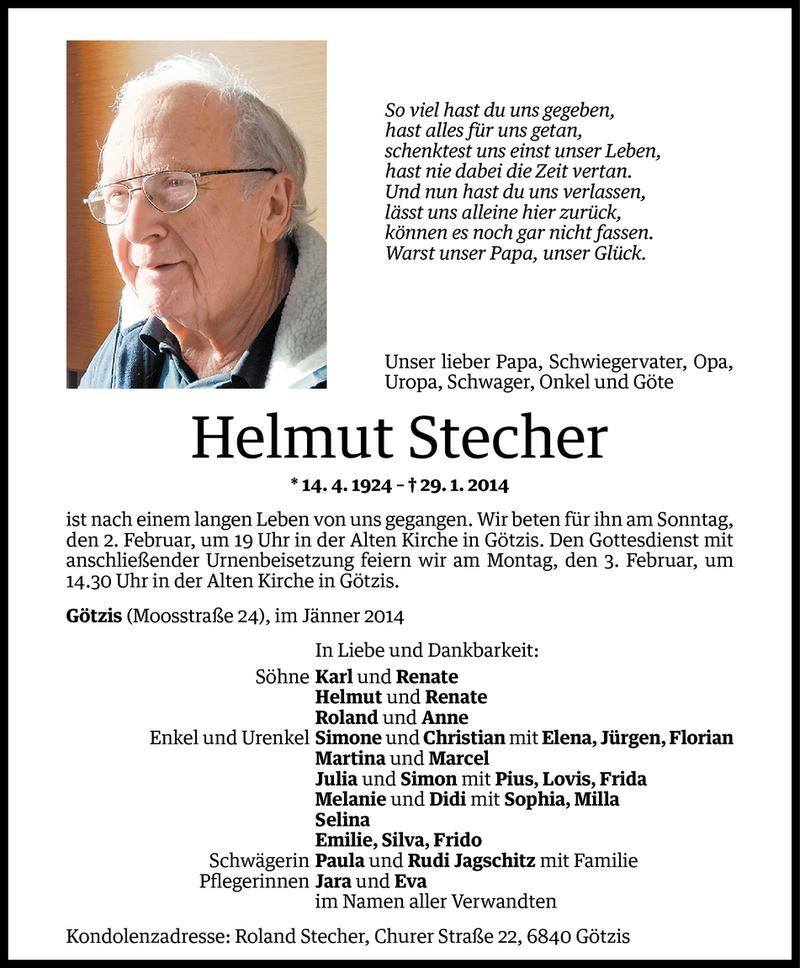  Todesanzeige für Helmut Stecher vom 31.01.2014 aus Vorarlberger Nachrichten