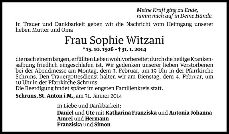  Todesanzeige für Sophie Witzani vom 31.01.2014 aus Vorarlberger Nachrichten