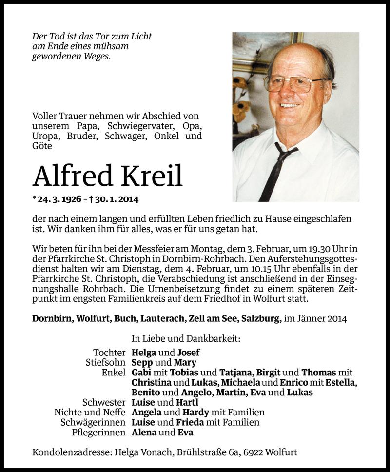  Todesanzeige für Alfred Kreil vom 31.01.2014 aus Vorarlberger Nachrichten