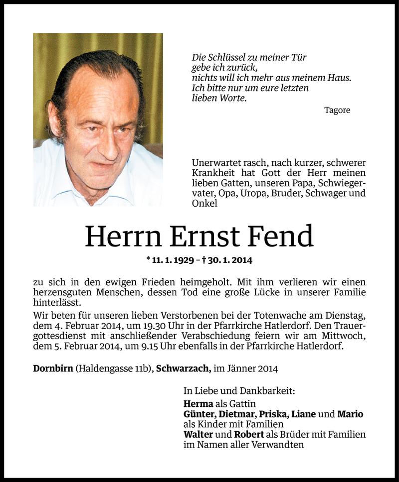  Todesanzeige für Ernst Fend vom 02.02.2014 aus Vorarlberger Nachrichten