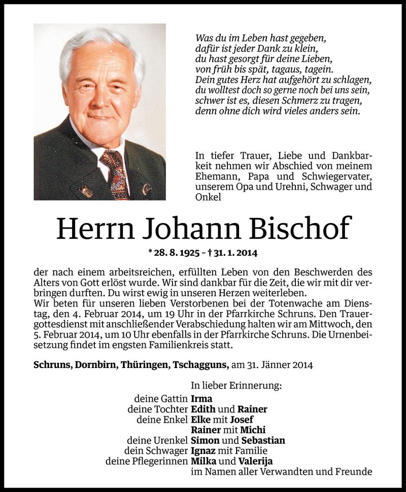  Todesanzeige für Johann Bischof vom 02.02.2014 aus Vorarlberger Nachrichten