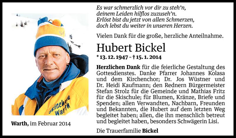  Todesanzeige für Hubert Bickel vom 03.02.2014 aus Vorarlberger Nachrichten
