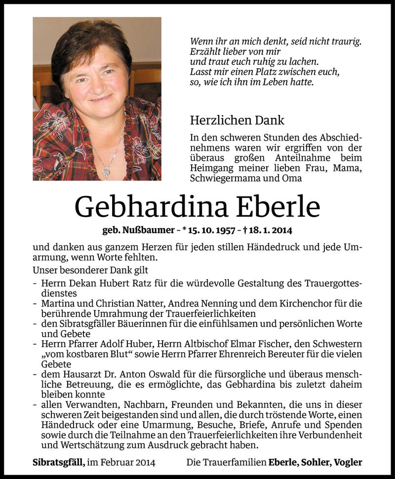  Todesanzeige für Gebhardina Eberle vom 03.02.2014 aus Vorarlberger Nachrichten