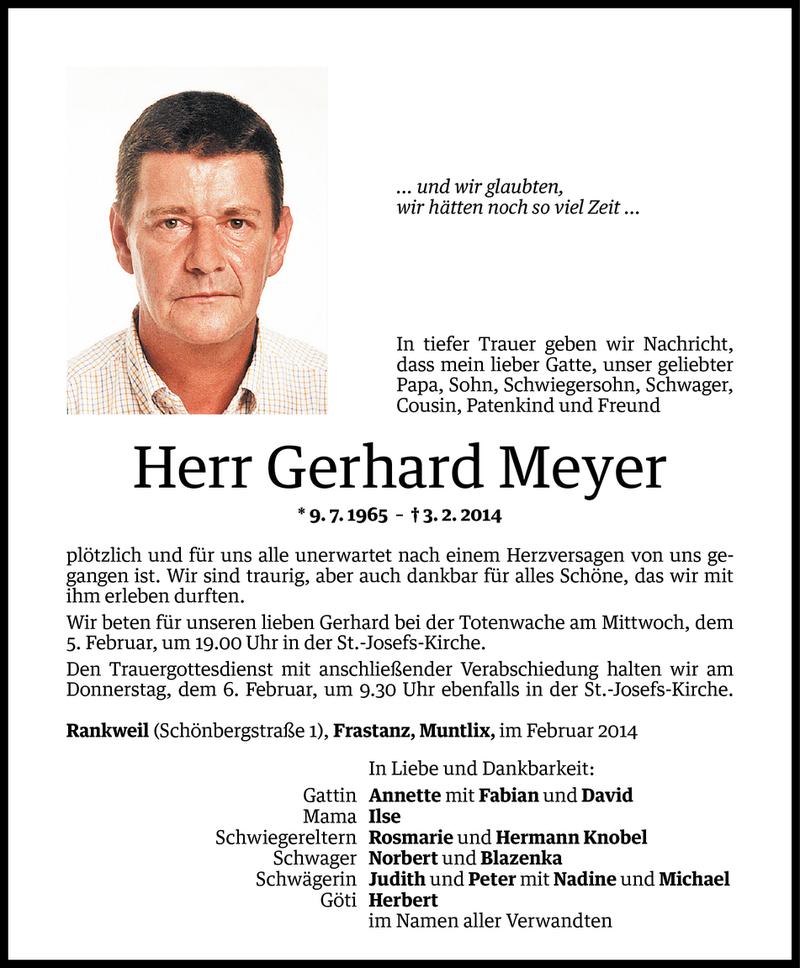 Todesanzeige für Gerhard Meyer vom 04.02.2014 aus Vorarlberger Nachrichten