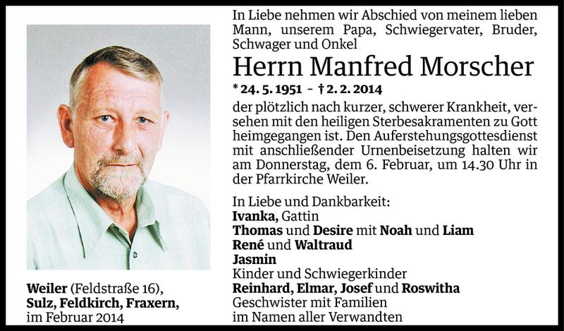  Todesanzeige für Manfred Morscher vom 04.02.2014 aus Vorarlberger Nachrichten