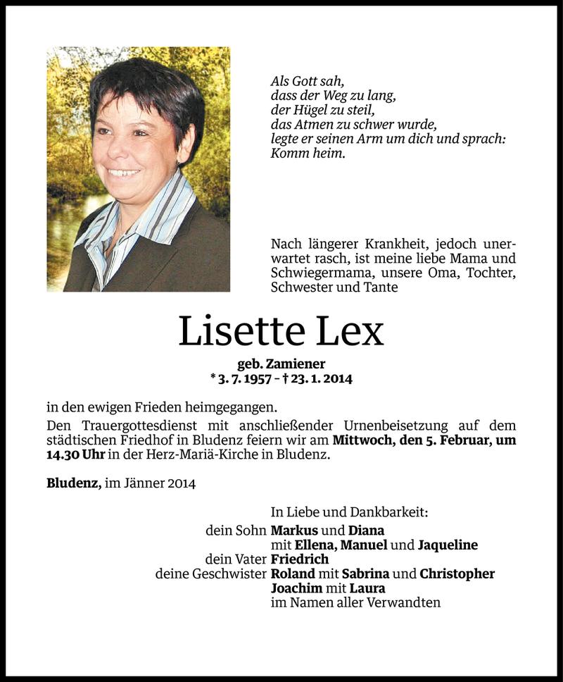  Todesanzeige für Lisette Lex vom 04.02.2014 aus Vorarlberger Nachrichten